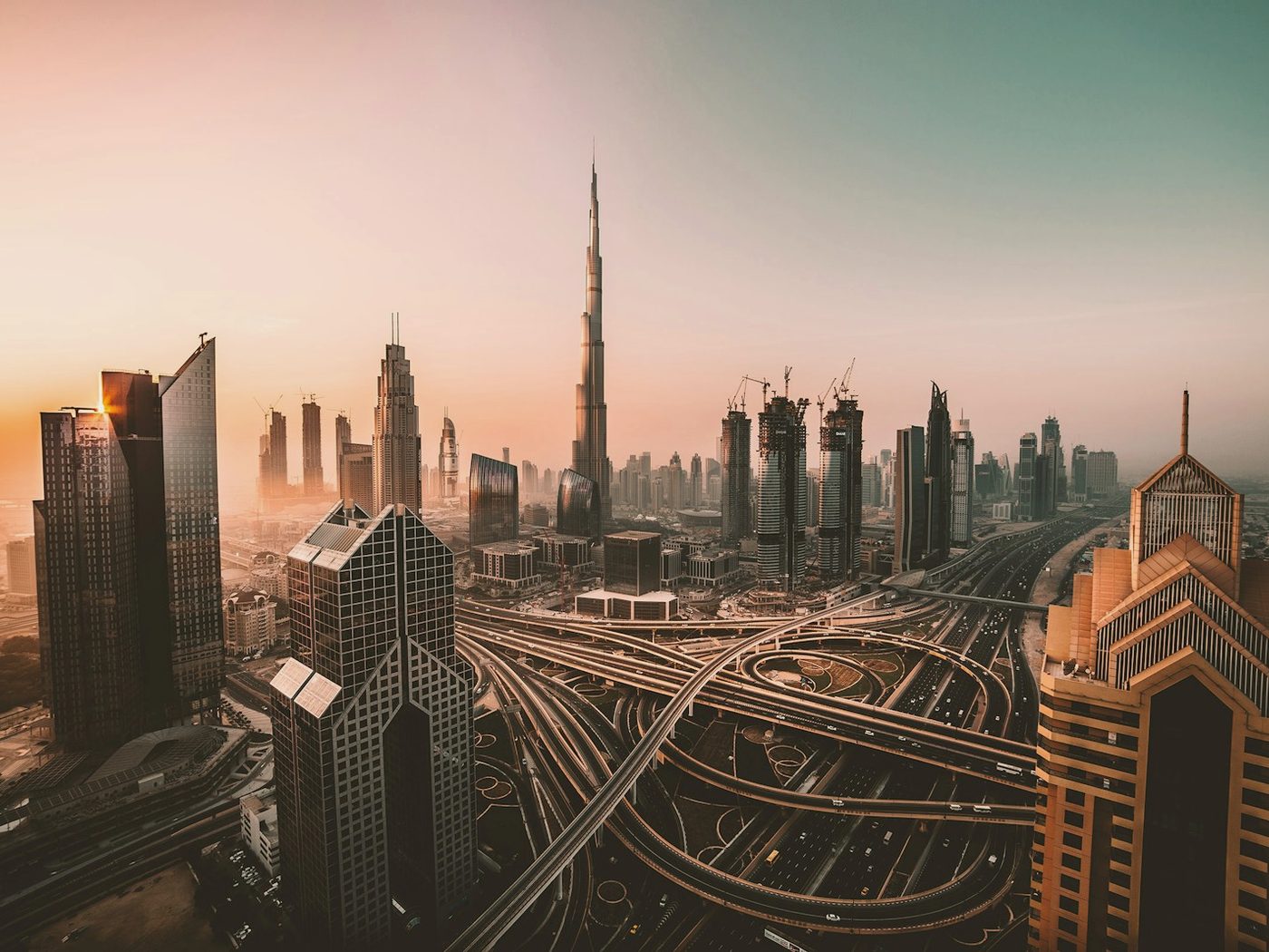 Downtown Dubai and Burj Khalifa at sunset